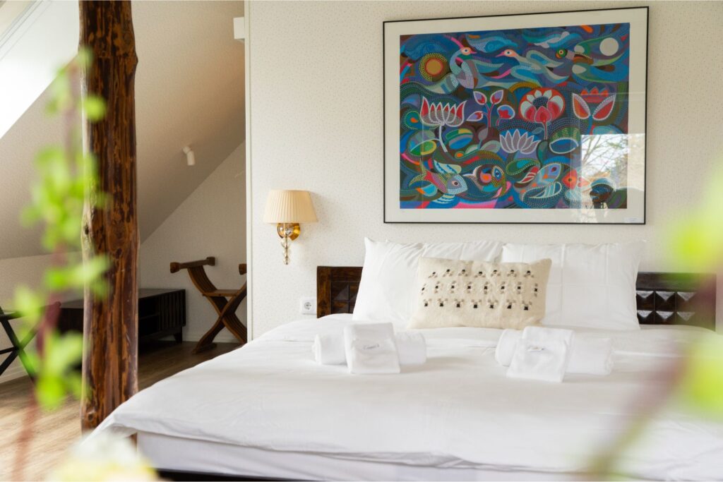 Bright suite room at Mia Glamping in Saaremaa with double bed and natural light