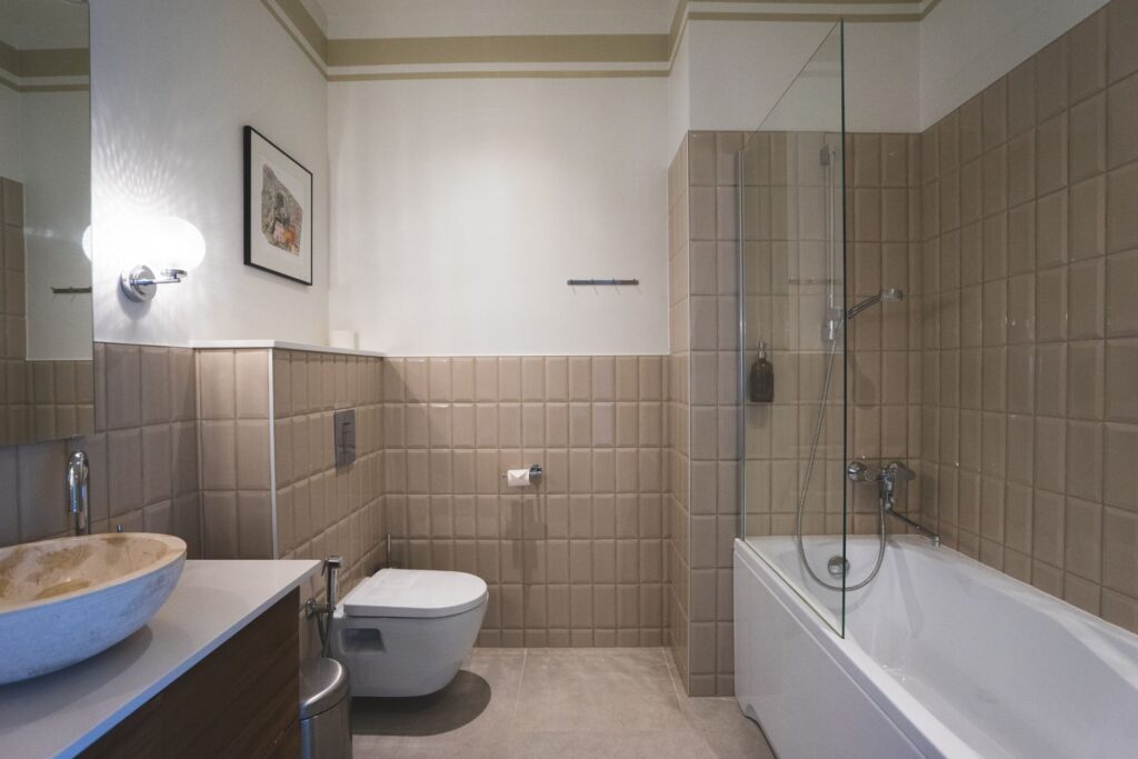 Hotel bathroom at Mia Glamping in Saaremaa with bathtub and clean interior