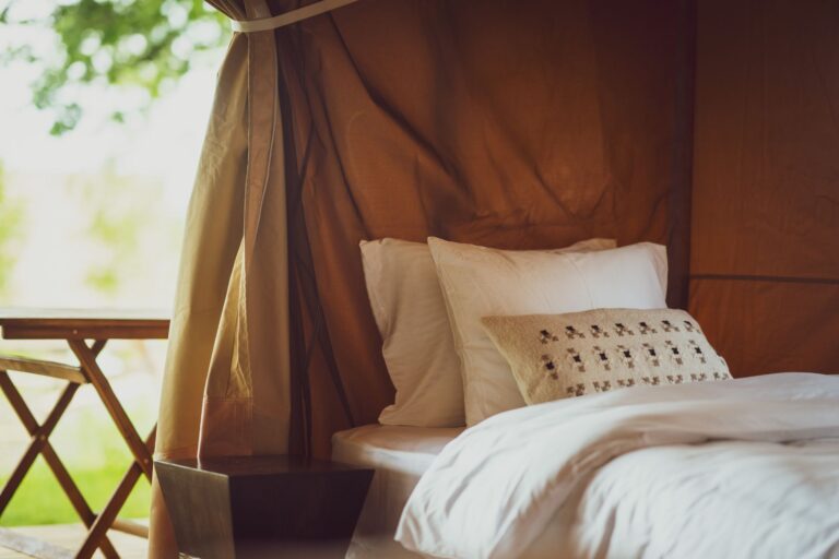 Glamping tent bed area at Mia Glamping in Saaremaa with view towards terrace