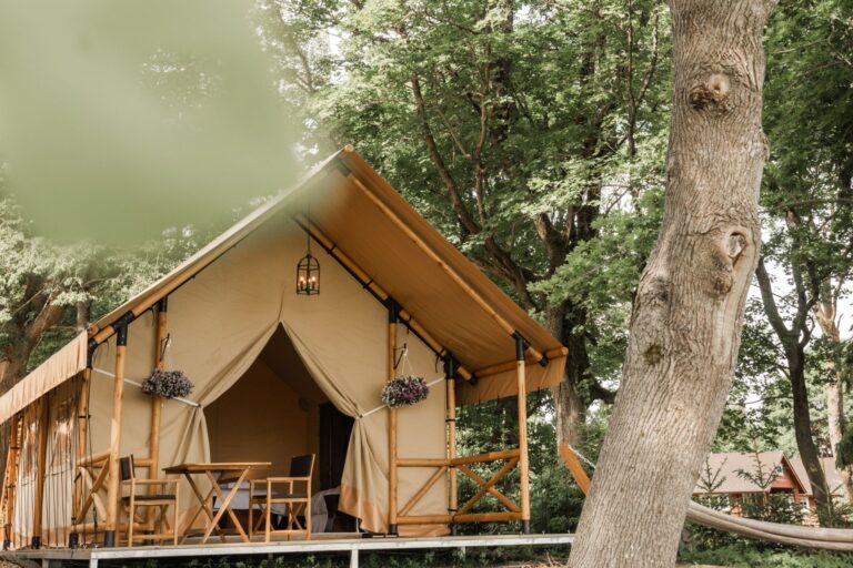 Glamping tent exterior at Mia Glamping in Saaremaa surrounded by trees and nature
