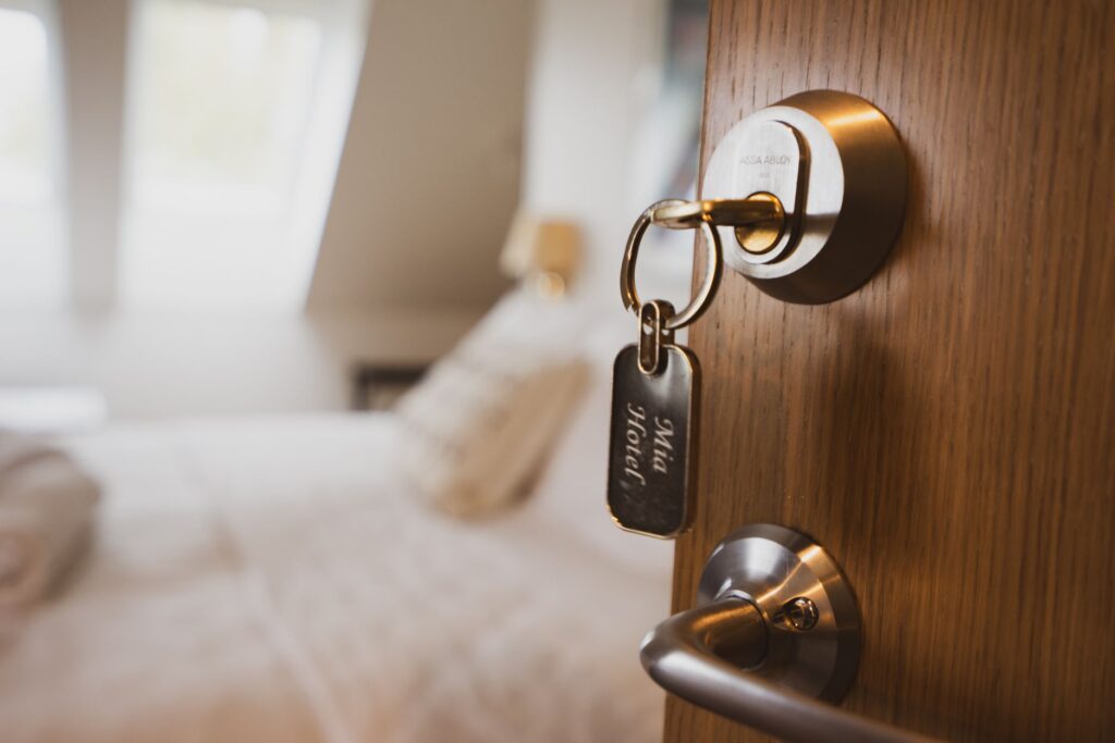 Room key on door handle at Mia Glamping hotel in Saaremaa