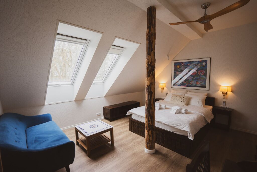 Bright hotel room at Mia Glamping in Saaremaa with large windows and natural light