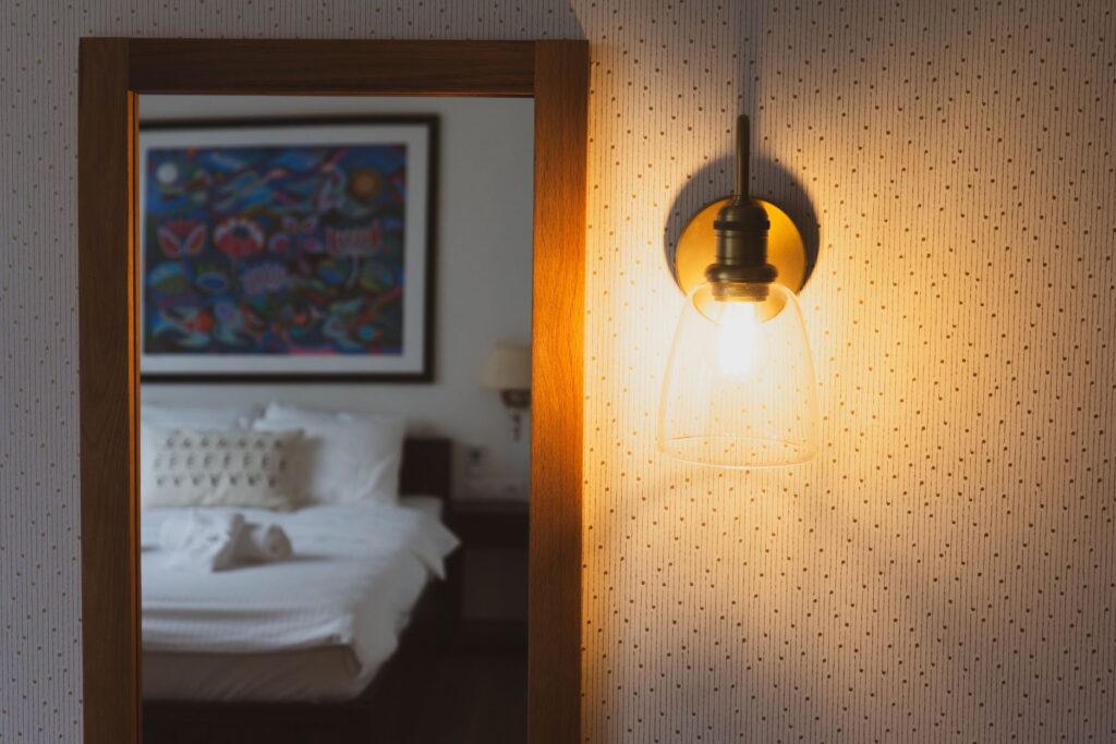 Warm lighting detail in Mia Glamping hotel room in Saaremaa with soft evening atmosphere