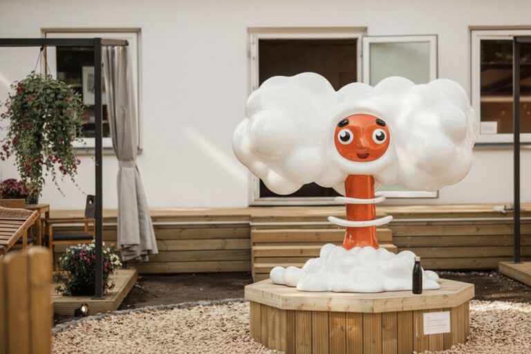 “Nukerashka” sculpture by Tommy Cash at Mia Glamping in Saaremaa displayed in outdoor courtyard